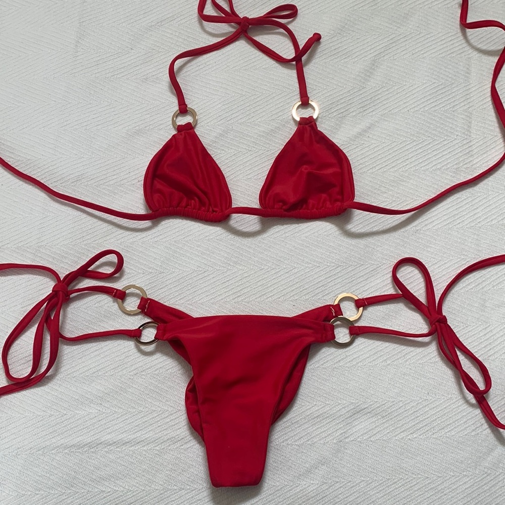 Red Bikini Set With Gold Ring Detail